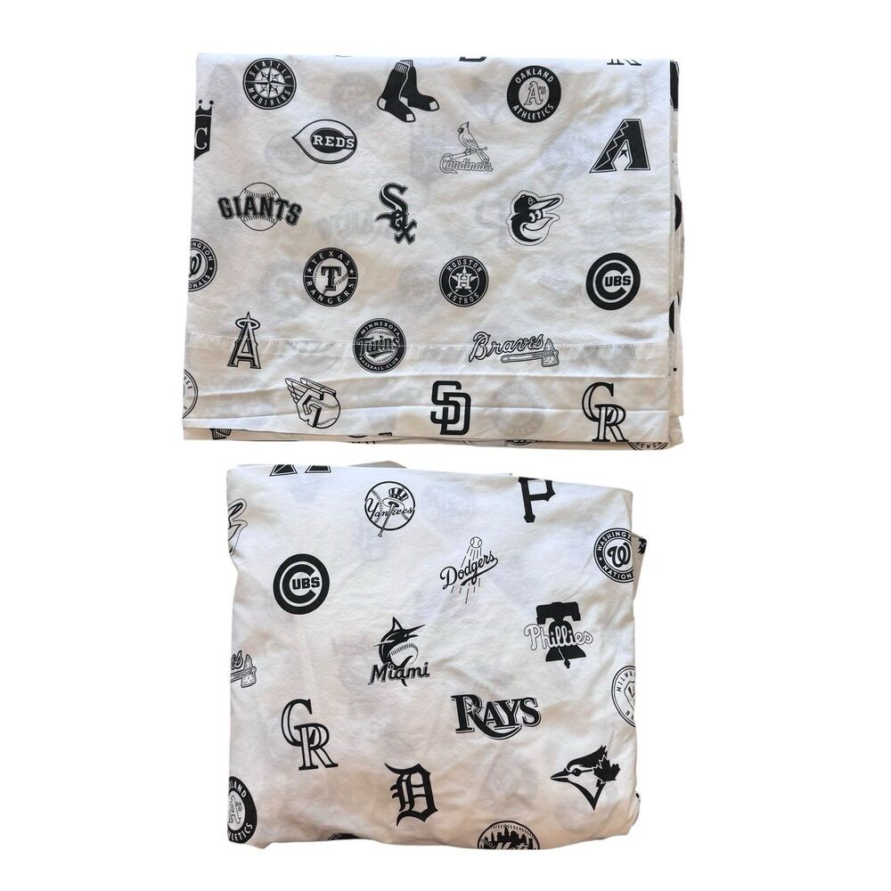 Pottery Barn Teen MLB Baseball Logo Organic Flat & Fitted Sheet Only XL Twin EUC